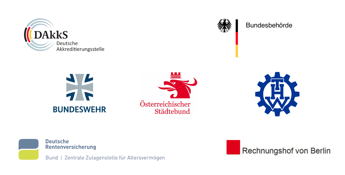 Die Logos folgender 6 Organisationen: Deutsche Akkreditierungsstelle, Bundeswehr, Deutsche Rentenversicherung, Bundesbehörde, Österreichischer Städtebund, Technisches Hilfswerk, Rechnungshof von Berlin.